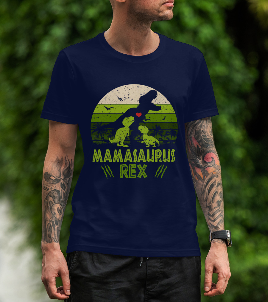 Kid Dinosaur Love For MamaSaurus Rex With Green Jungle Scene And Heart T-Shirt