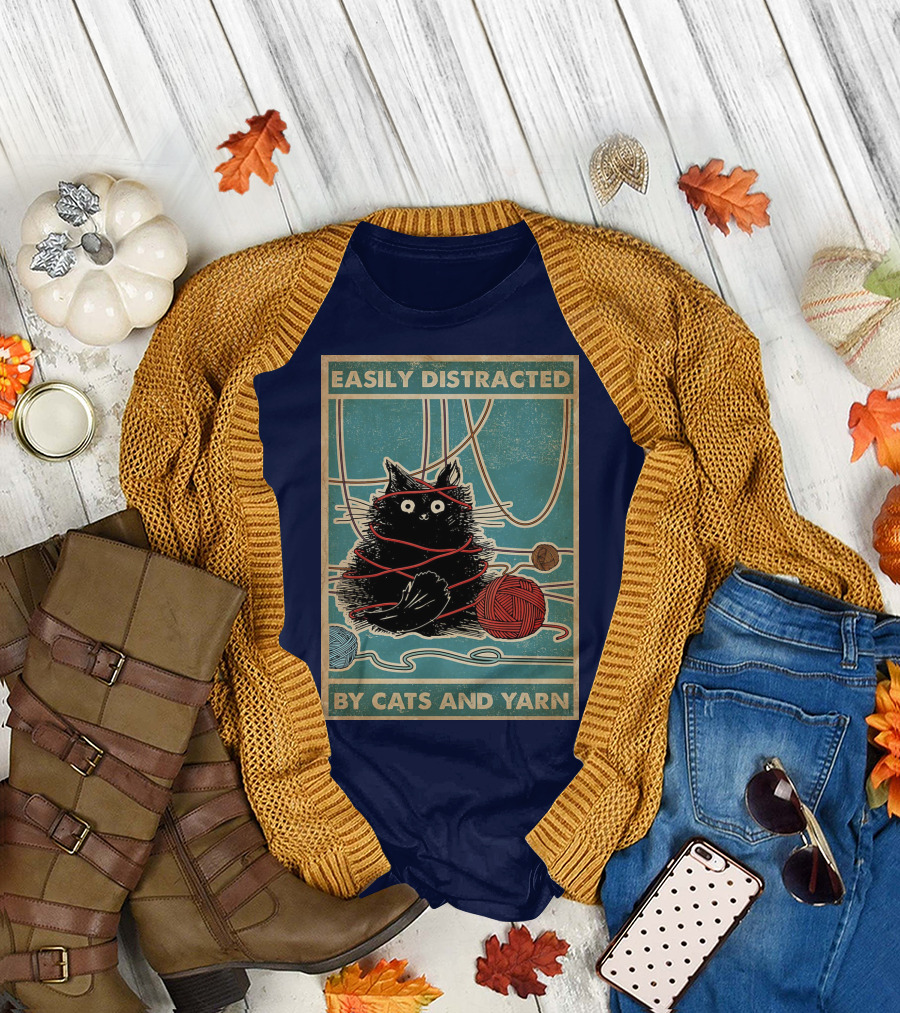 Easily Distracted Black Cat with Red Yarn and Balls of Yarn T-Shirt