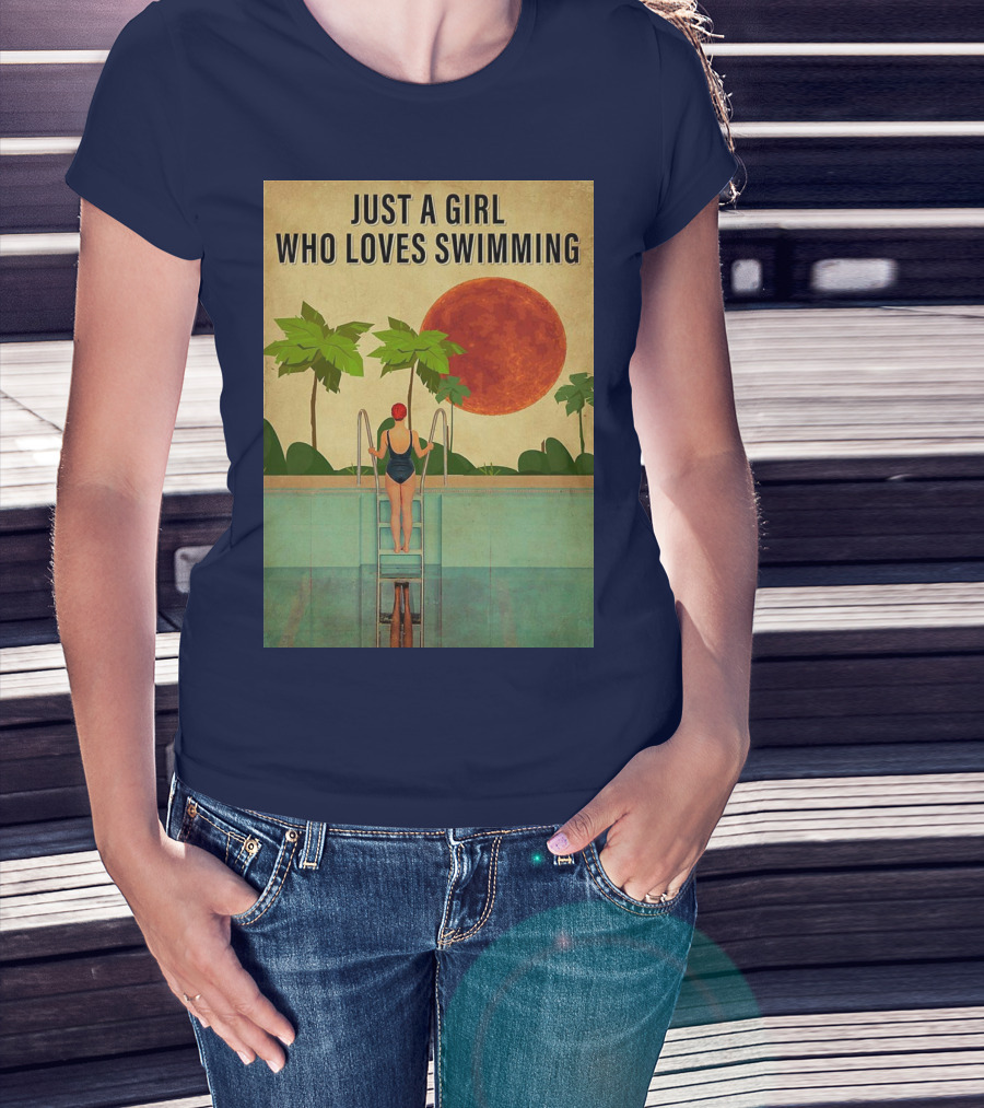 Just A Girl Who Loves Swimming With Palm Trees And Red Sun T-Shirt