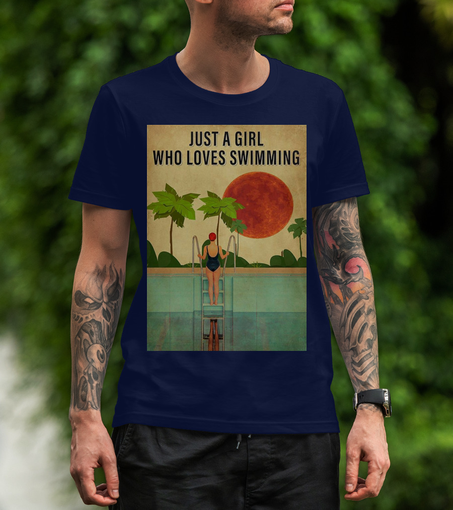Just A Girl Who Loves Swimming With Palm Trees And Red Sun T-Shirt