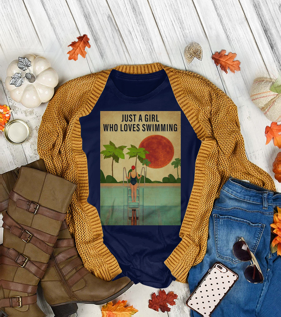 Just a Girl Who Loves Swimming with Palm Trees and Red Sun T-Shirt