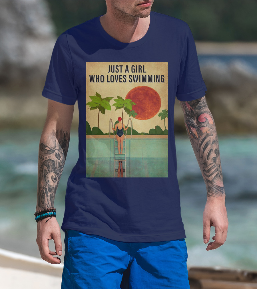 Just A Girl Who Loves Swimming With Palm Trees And Red Sun T-Shirt