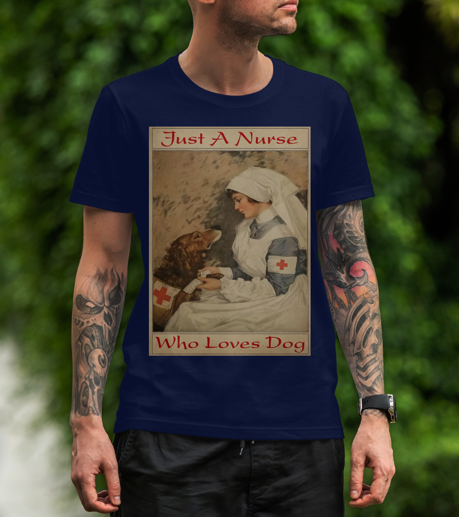 Just A Nurse Who Loves Dog With Red Cross And Caring Gesture T-Shirt