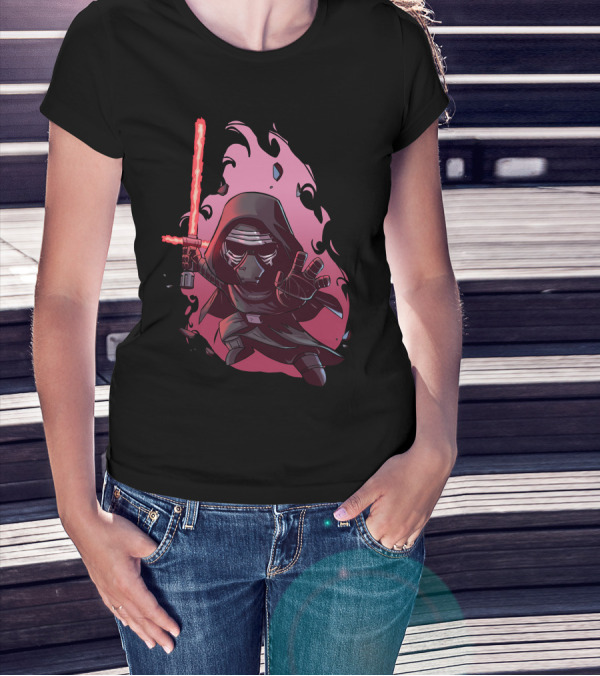 Chibi Kylo Ren Star Wars With Red Lightsaber And Fiery Background T-Shirt