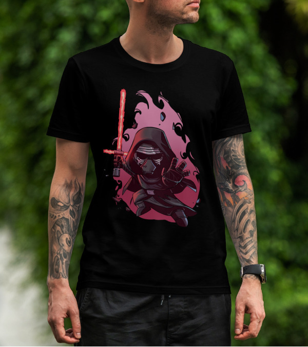 Chibi Kylo Ren Star Wars With Red Lightsaber And Fiery Background T-Shirt
