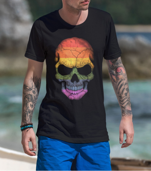 Gay Pride Rainbow Flag Skull Cracked Texture T-Shirt