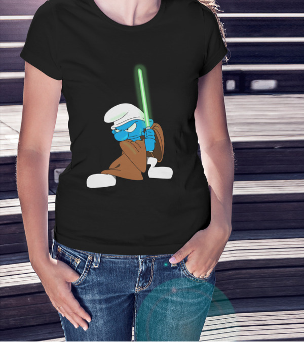 Smurf Jedi With Green Lightsaber In Star Wars-Inspired Crossover T-Shirt