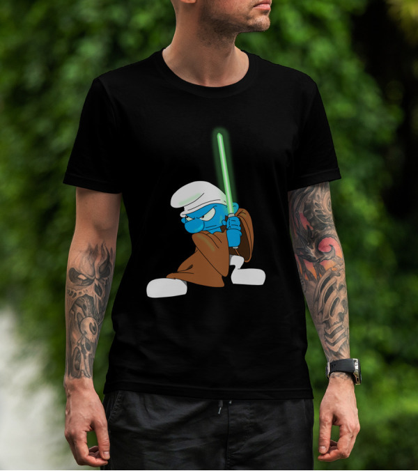 Smurf Jedi With Green Lightsaber In Star Wars-Inspired Crossover T-Shirt