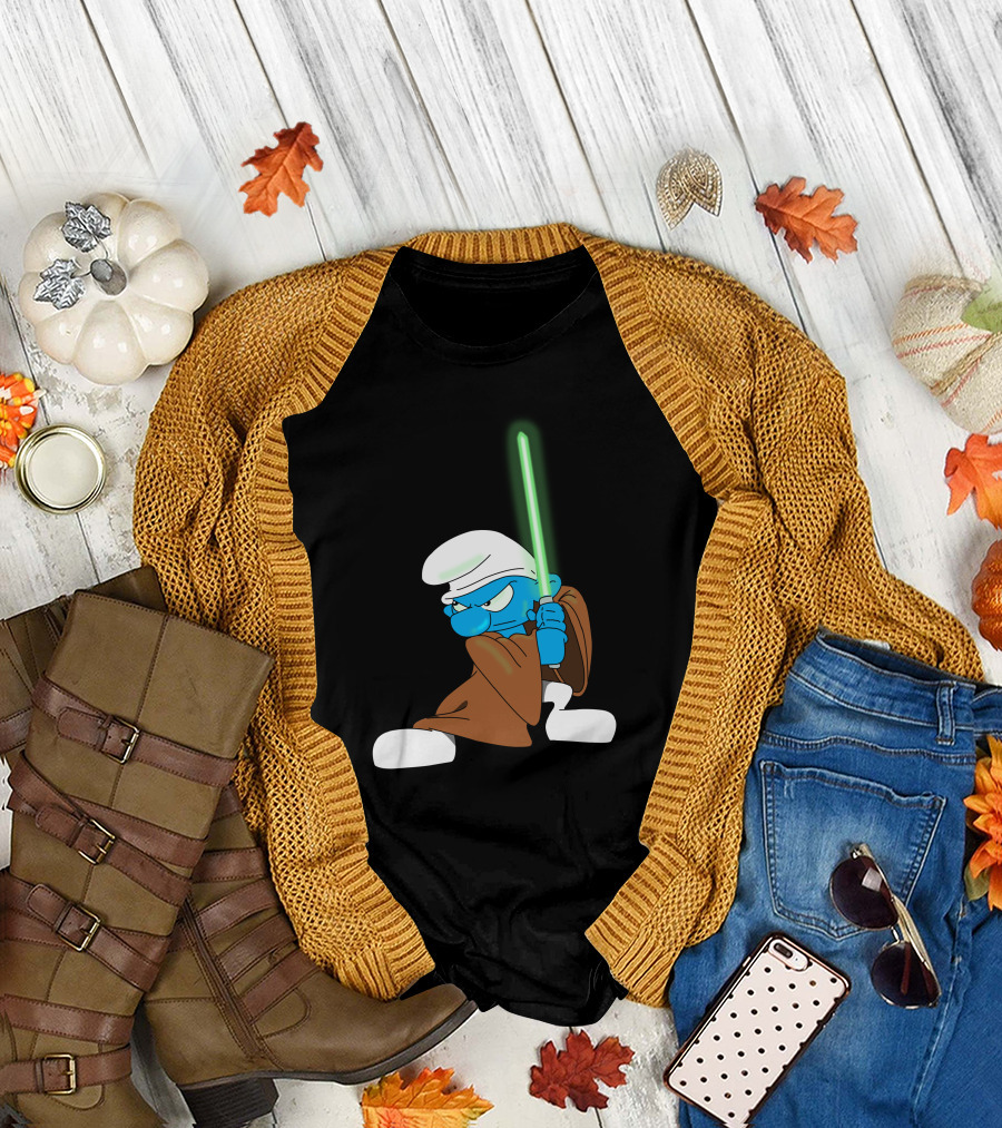 Smurf Jedi with Green Lightsaber in Star Wars-Inspired Crossover T-Shirt