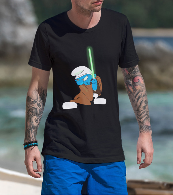 Smurf Jedi With Green Lightsaber In Star Wars-Inspired Crossover T-Shirt
