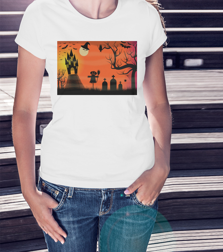 Halloween Haunted Castle Silhouette With Bats And Graveyard Scene T-Shirt