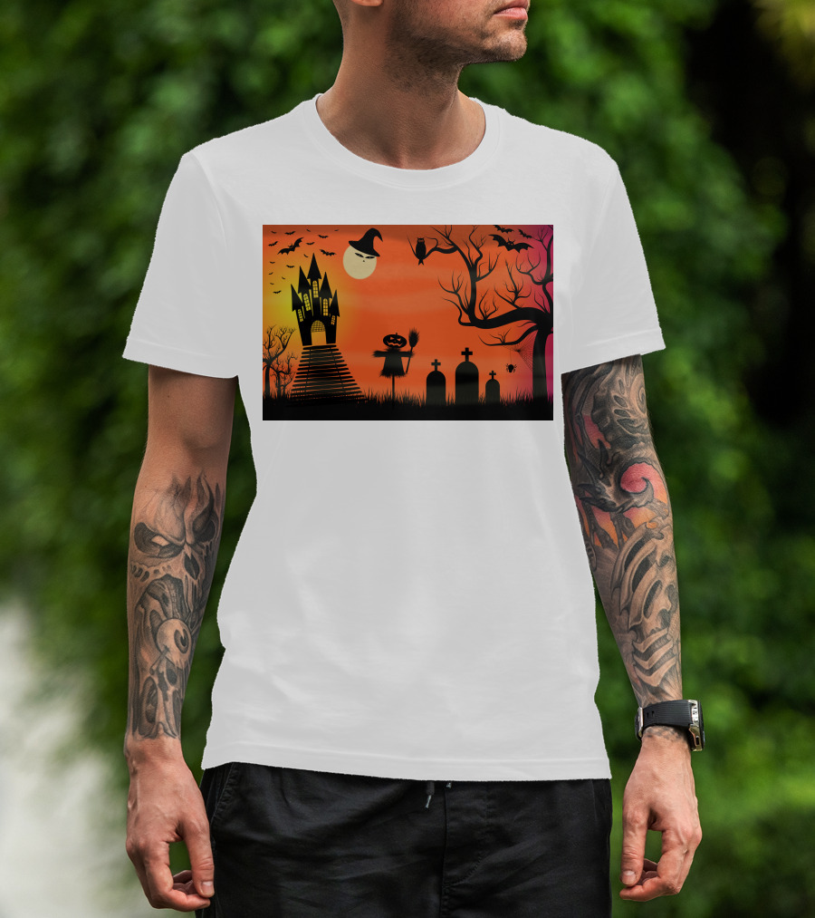 Halloween Haunted Castle Silhouette With Bats And Graveyard Scene T-Shirt
