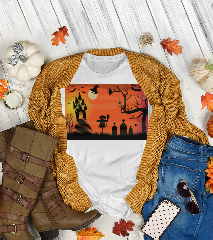 Halloween Haunted Castle Silhouette with Bats and Graveyard Scene T-Shirt