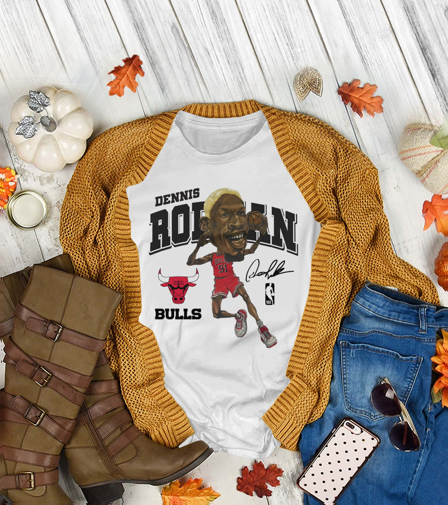 Dennis Rodman 91 Chicago Bulls NBA Caricature Signature Mitchell And Ness T-Shirt