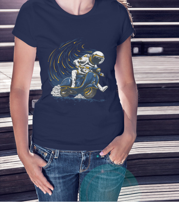 Astronaut In Spacesuit Joyfully Riding Vespa Scooter With Meteor Shower T-Shirt