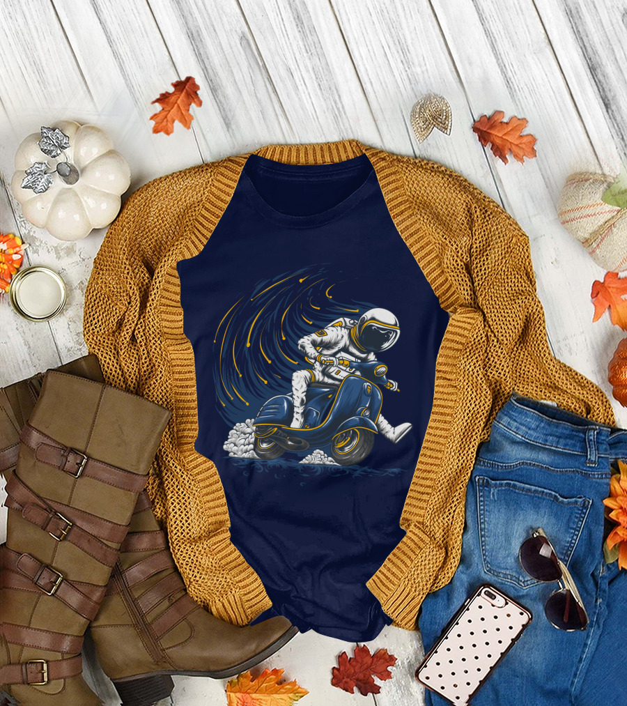 Astronaut in Spacesuit Joyfully Riding Vespa Scooter with Meteor Shower T-Shirt