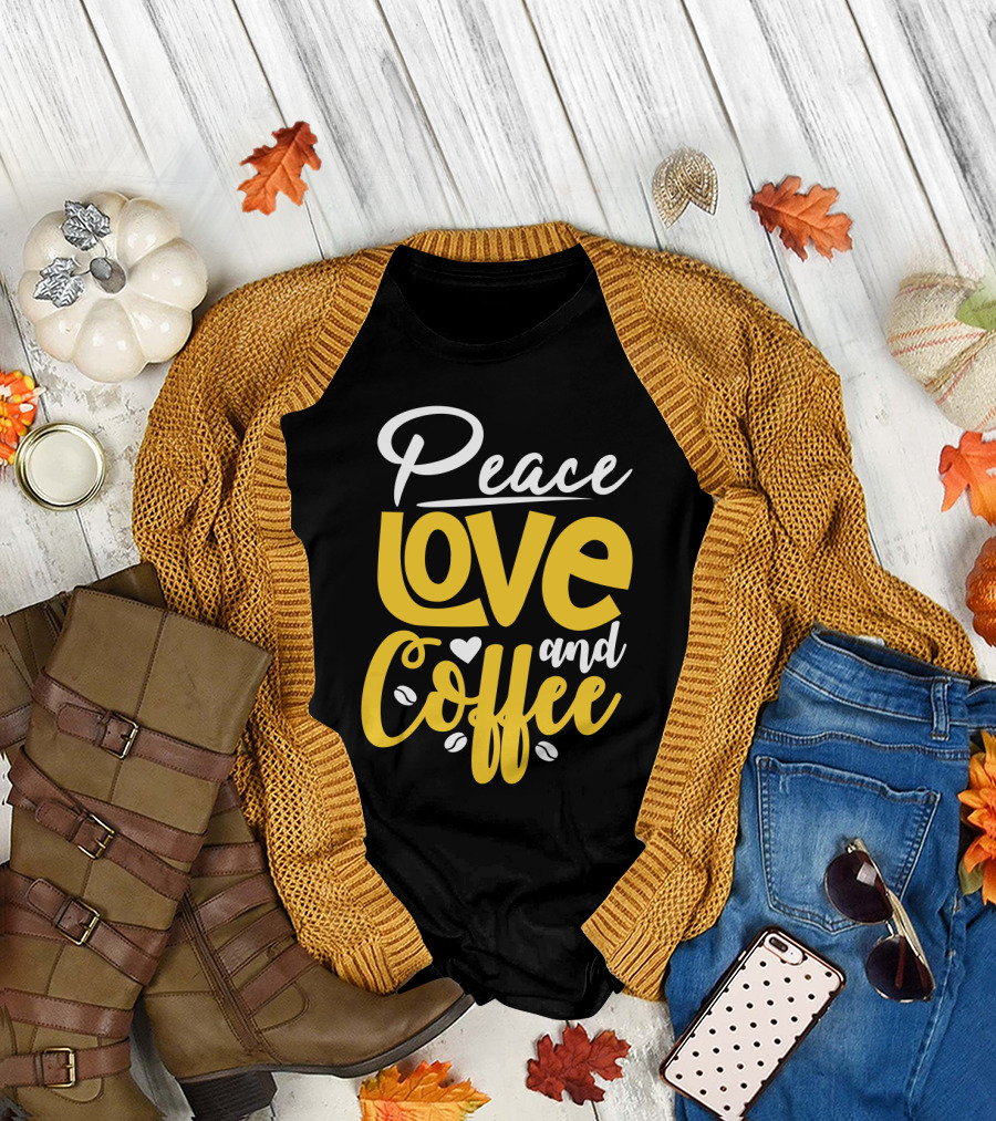 Peace Love and Coffee with Heart and Bean Accents T-Shirt