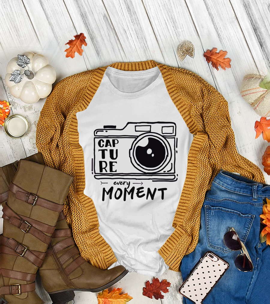 Capture Every Moment Camera Drawing Typography T-Shirt