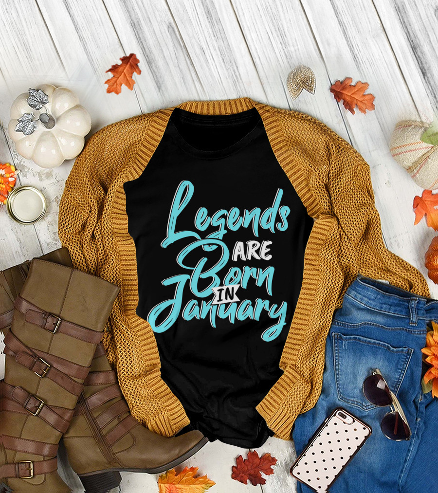 Legends Are Born In January Aquatic Blue Script T-Shirt