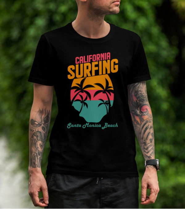 California Surfing Santa Monica Beach Sunset Palm Trees T-Shirt