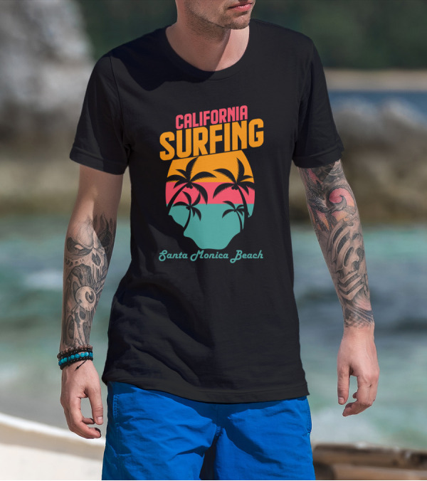 California Surfing Santa Monica Beach Sunset Palm Trees T-Shirt