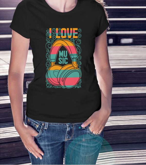 I Love Music Vibrant Headphones Pattern With Swirling Design Elements T-Shirt