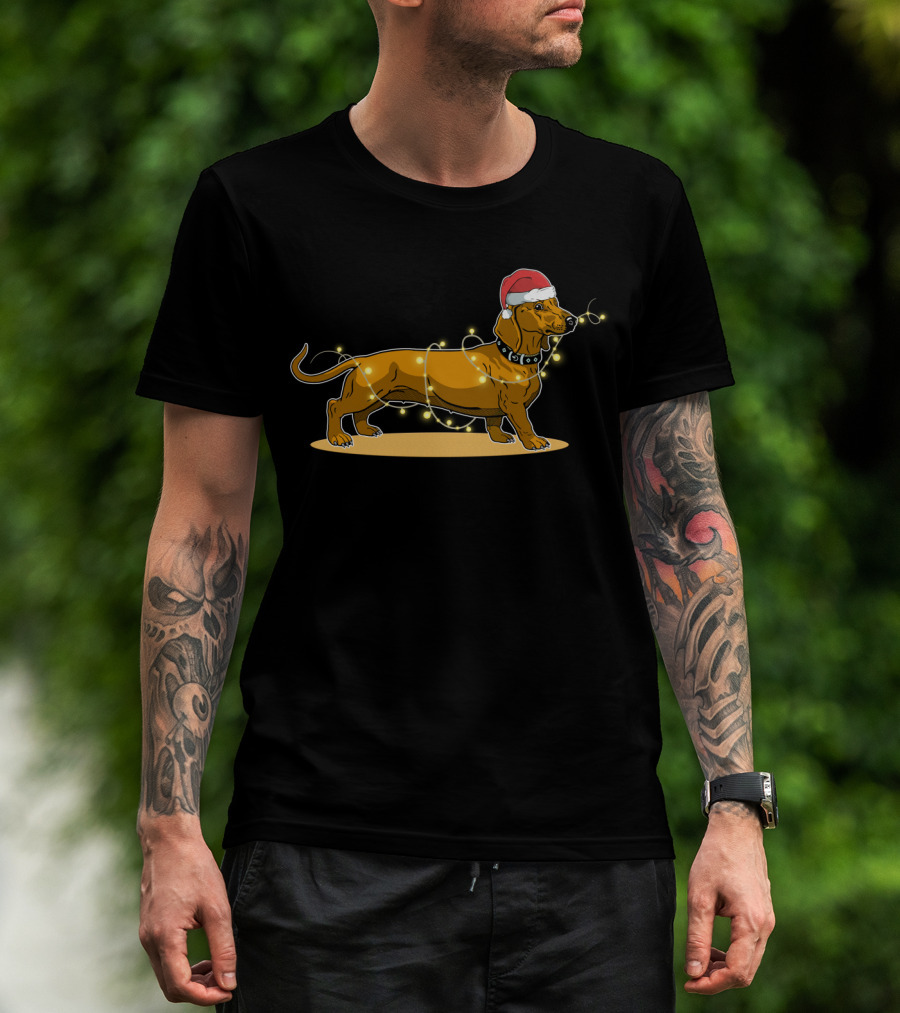 Dachshund Wrapped In Christmas Lights Wearing Santa Hat T-Shirt
