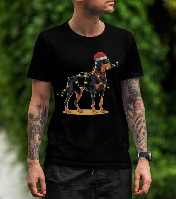 Doberman Wearing Santa Hat With Christmas Lights T-Shirt