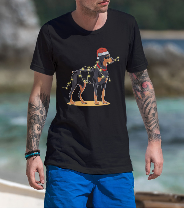 Doberman Wearing Santa Hat With Christmas Lights T-Shirt