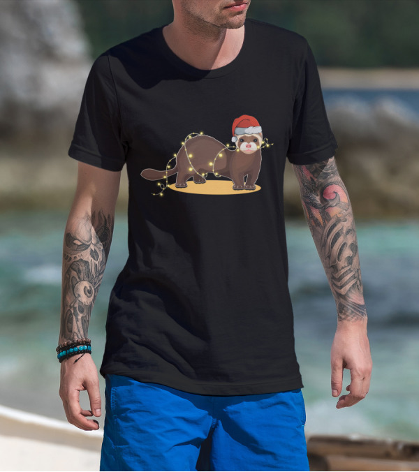 Christmas Lights Wrapped Ferret Wearing Santa Hat T-Shirt