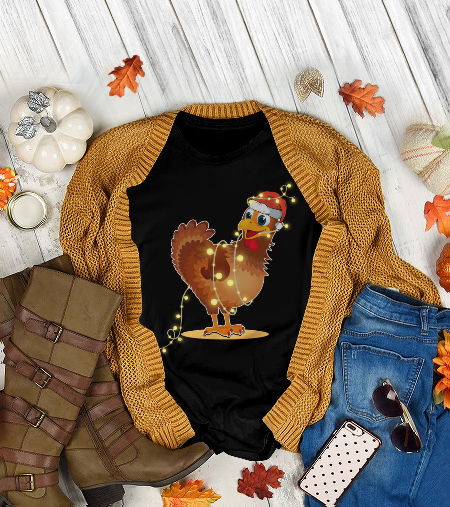Santa Hat Chicken Wrapped in Christmas String Lights T-Shirt