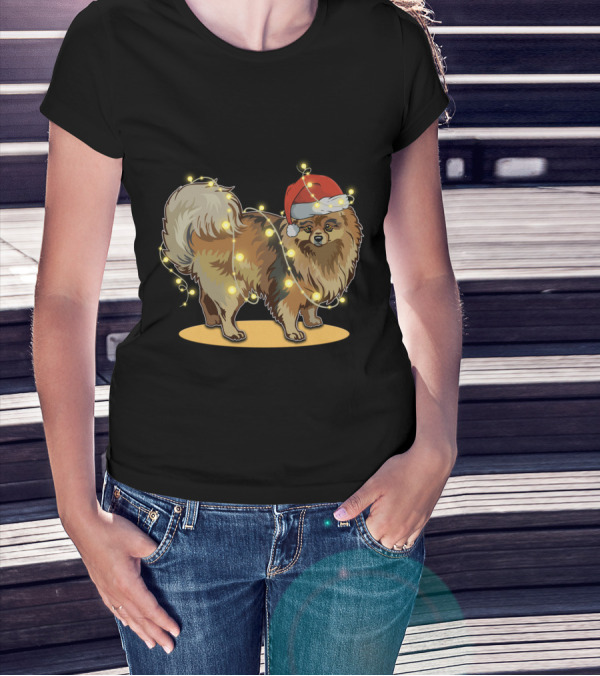 Pomeranian Wrapped In Christmas Lights Wearing Santa Hat T-Shirt