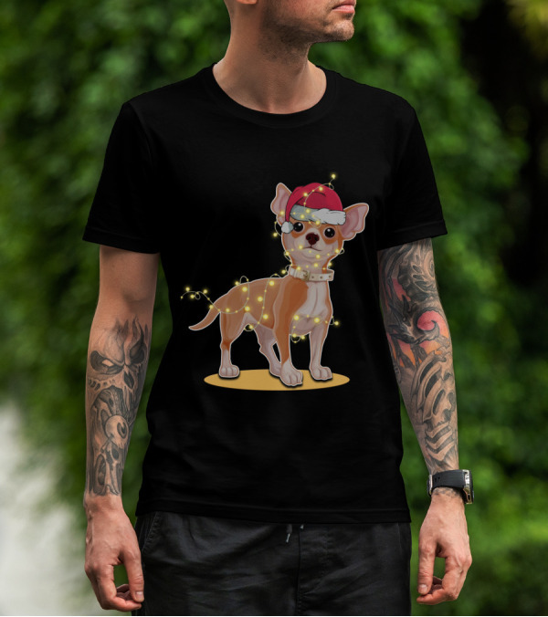 Chihuahua Wrapped In Festive Christmas Lights Wearing Santa Hat T-Shirt