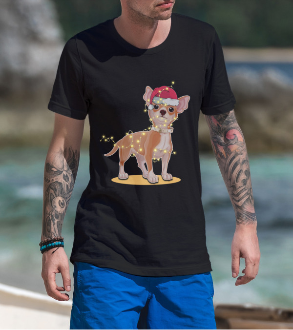 Chihuahua Wrapped In Festive Christmas Lights Wearing Santa Hat T-Shirt
