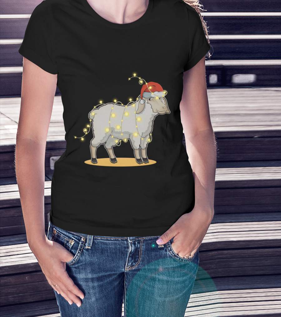 Sheep Wrapped In Christmas Lights With Santa Hat Holiday Decor T-Shirt