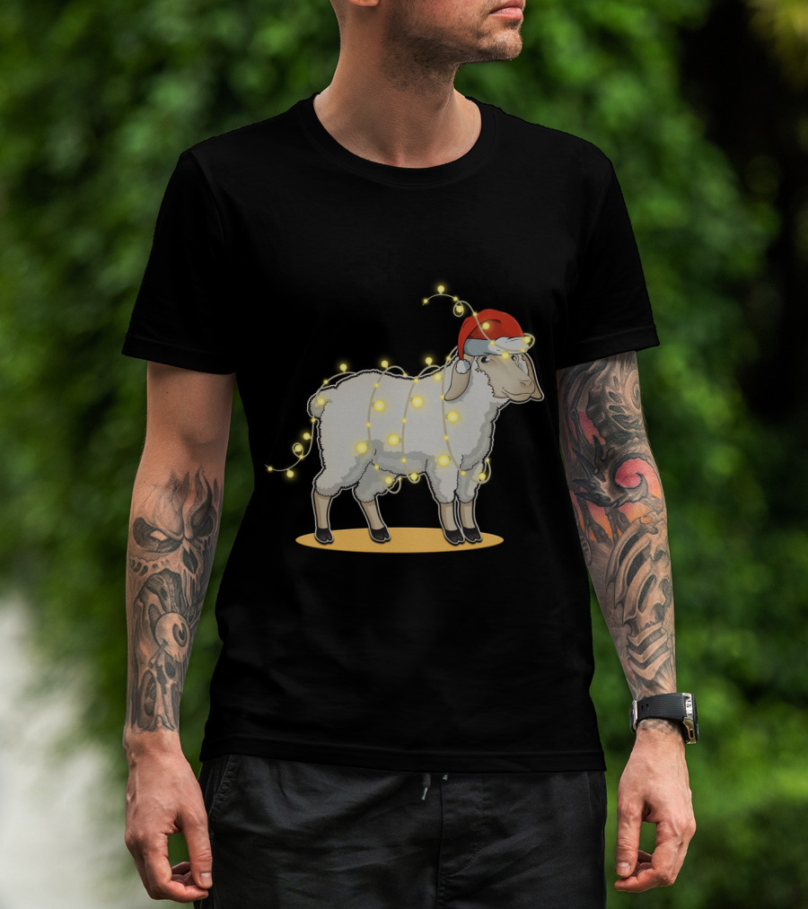 Sheep Wrapped In Christmas Lights With Santa Hat Holiday Decor T-Shirt