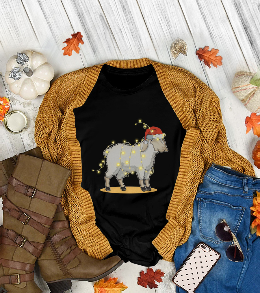 Sheep Wrapped in Christmas Lights with Santa Hat Holiday Decor T-Shirt