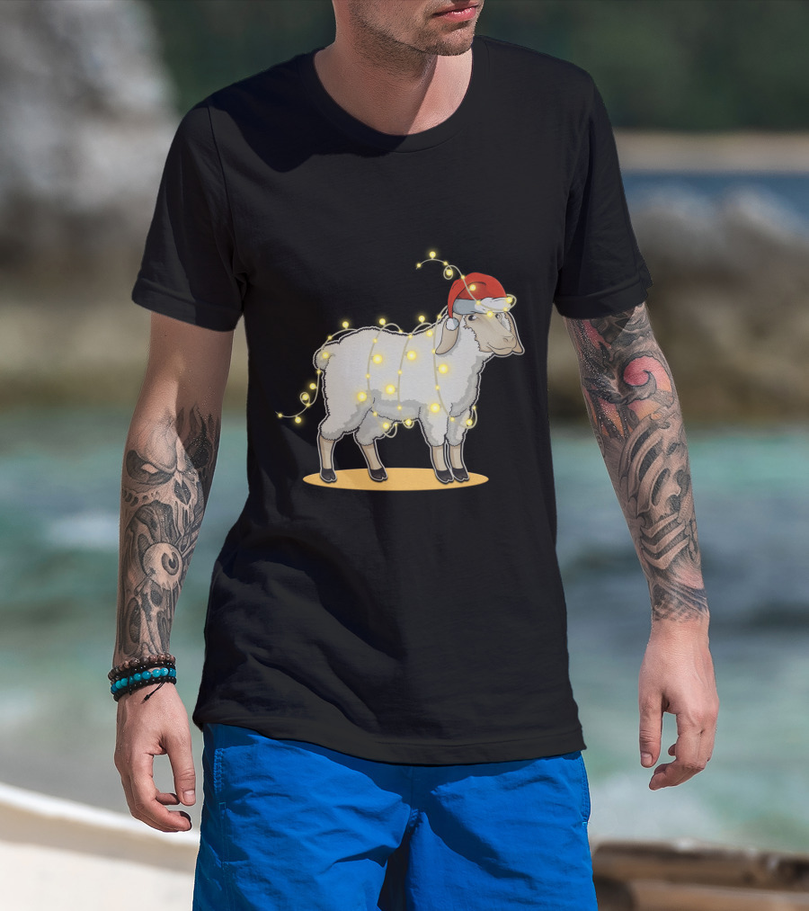 Sheep Wrapped In Christmas Lights With Santa Hat Holiday Decor T-Shirt