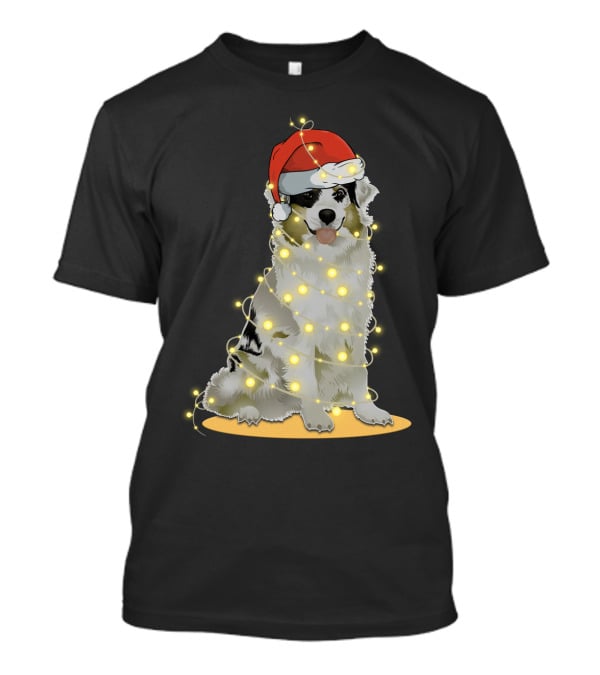 Santa Hat Australian Shepherd Wrapped In Christmas Lights T-Shirt