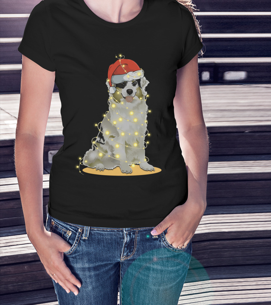 Santa Hat Australian Shepherd Wrapped In Christmas Lights T-Shirt