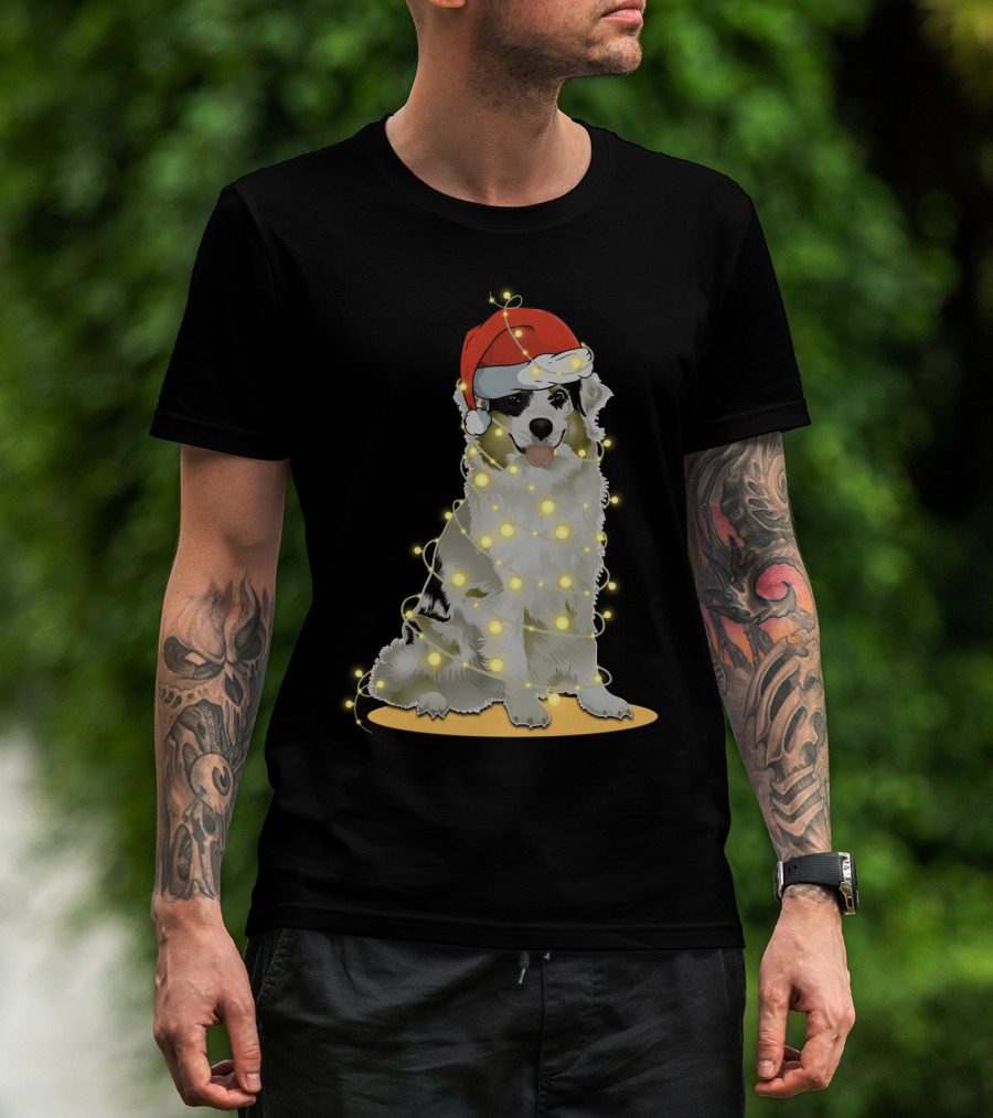 Santa Hat Australian Shepherd Wrapped In Christmas Lights T-Shirt