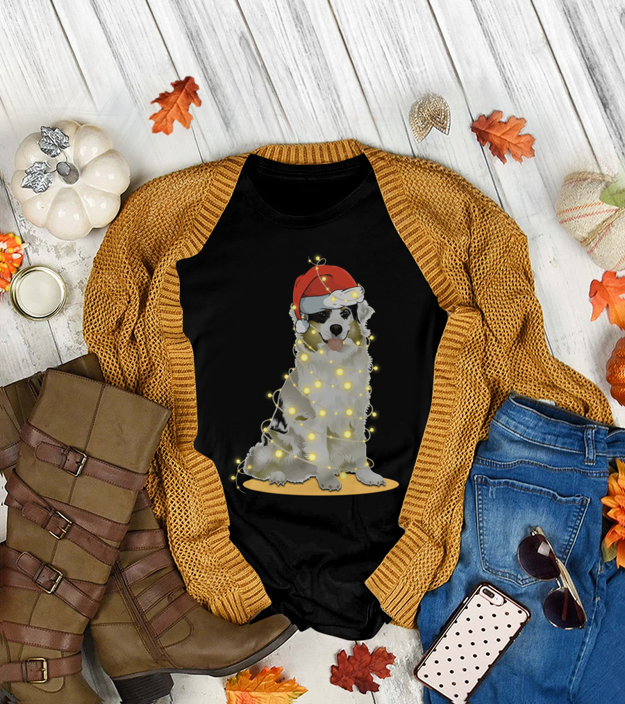 Santa Hat Australian Shepherd Wrapped in Christmas Lights T-Shirt
