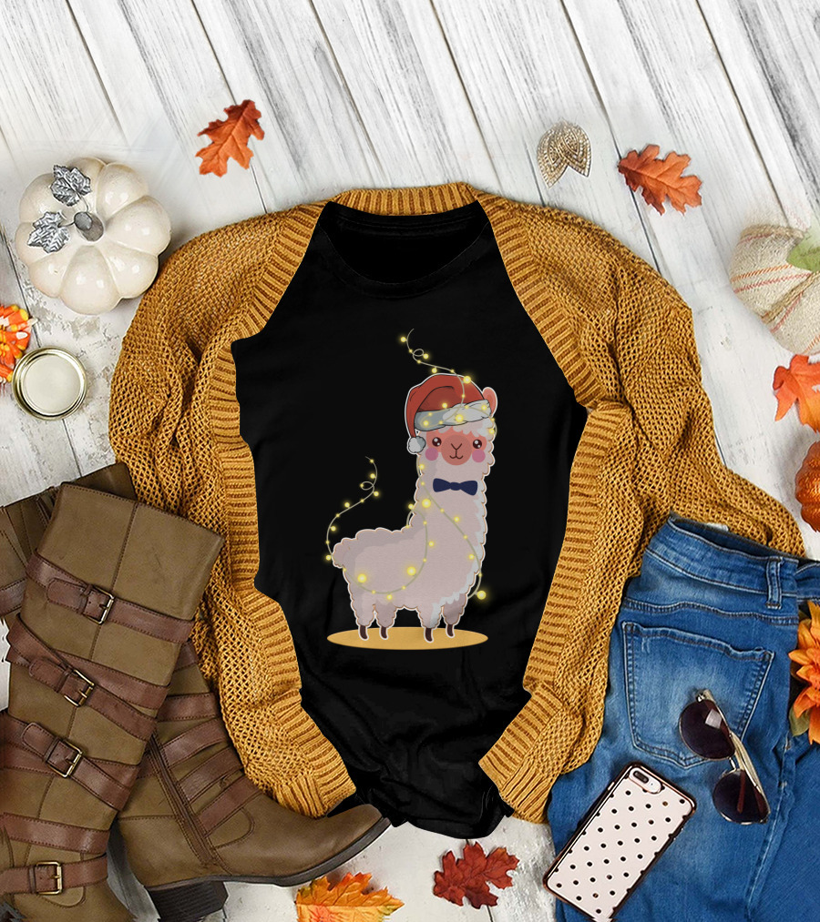 Alpaca Wrapped in Christmas Lights Wearing Santa Hat and Bow Tie T-Shirt