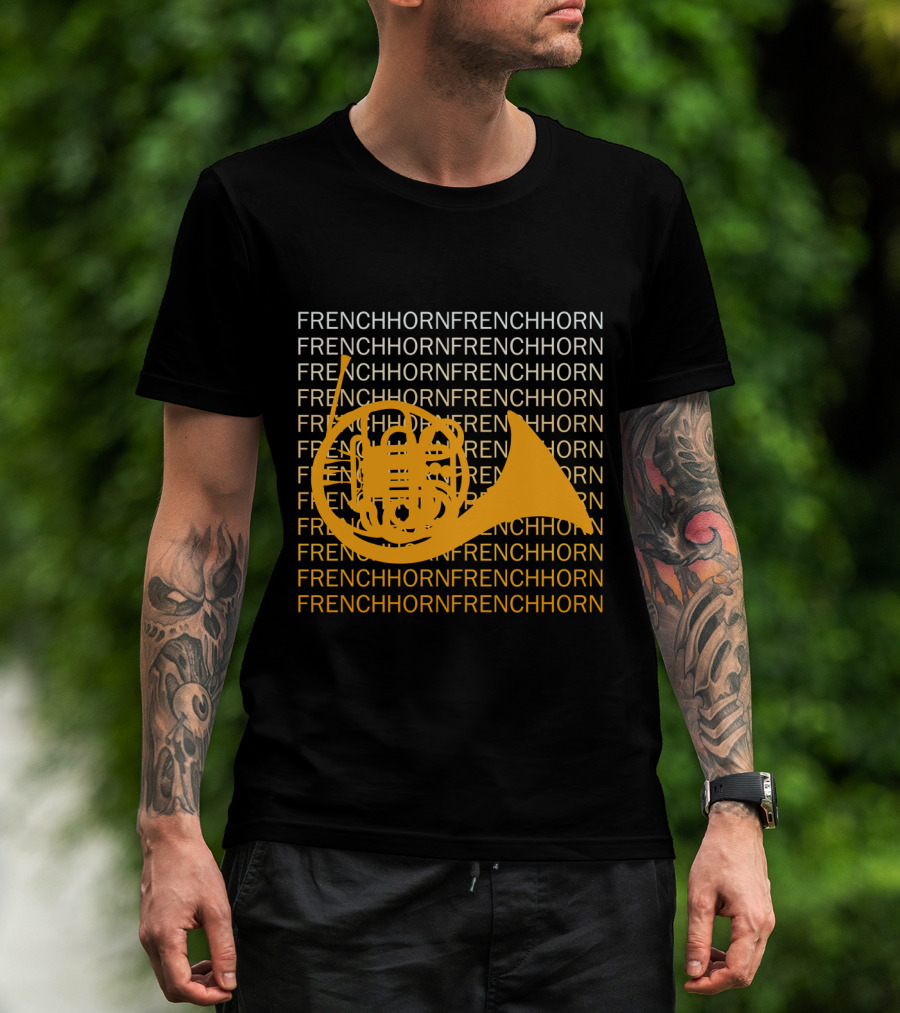 Repeating French Horn Text With Yellow Instrument T-Shirt