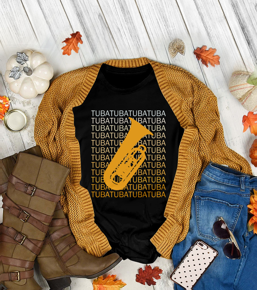 Tuba Repeated Text Pattern with Bold Tuba Image T-Shirt