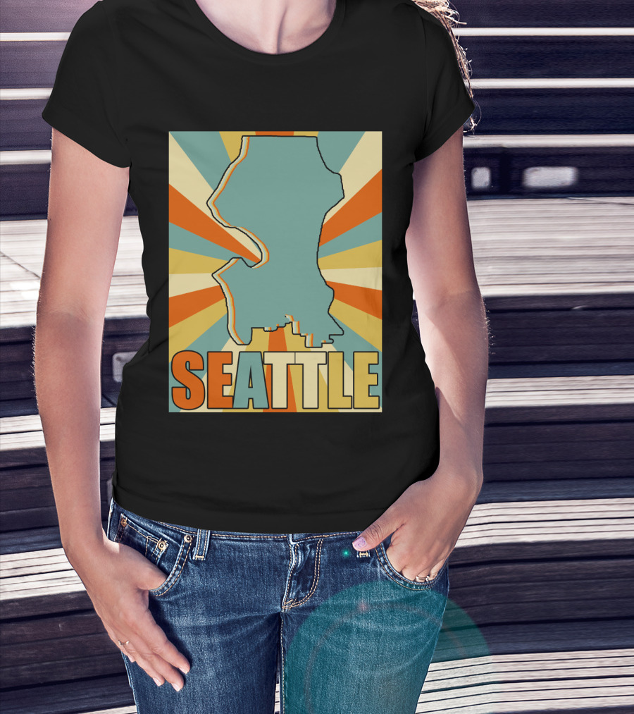 SEATTLE Map Retro Style Burst Background T-Shirt