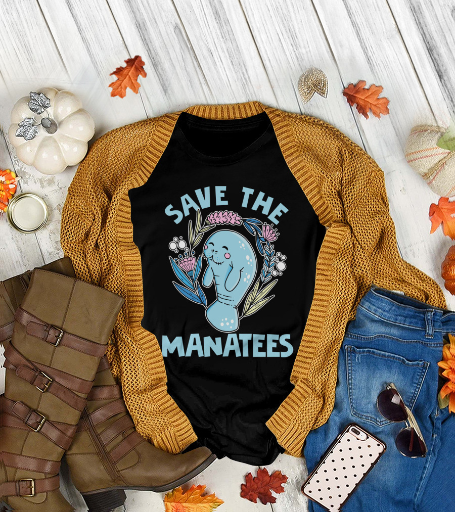 SAVE THE MANATEES Save The Manatees Manatee Surrounded by Flowers and Bubbles T-Shirt