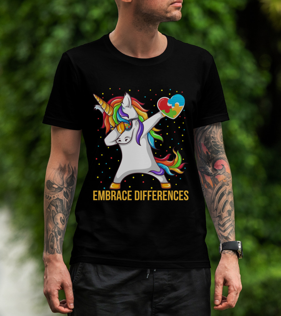 Embrace Differences Autism Awareness Dabbing Unicorn Heart Puzzle Piece T-Shirt