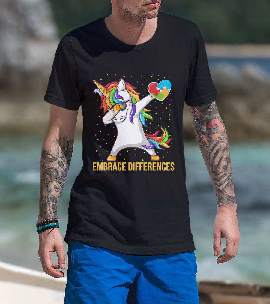 Embrace Differences Autism Awareness Dabbing Unicorn Heart Puzzle Piece T-Shirt