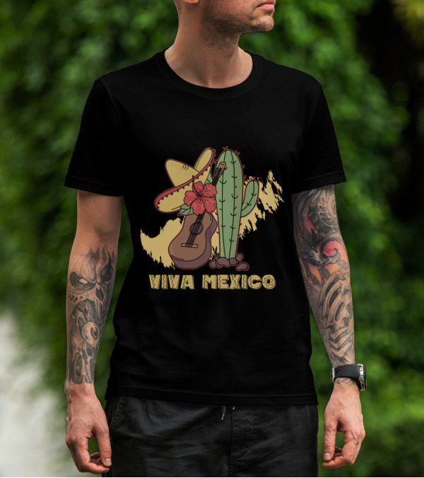 Viva Mexico Sombrero Guitar Cactus Flower T-Shirt